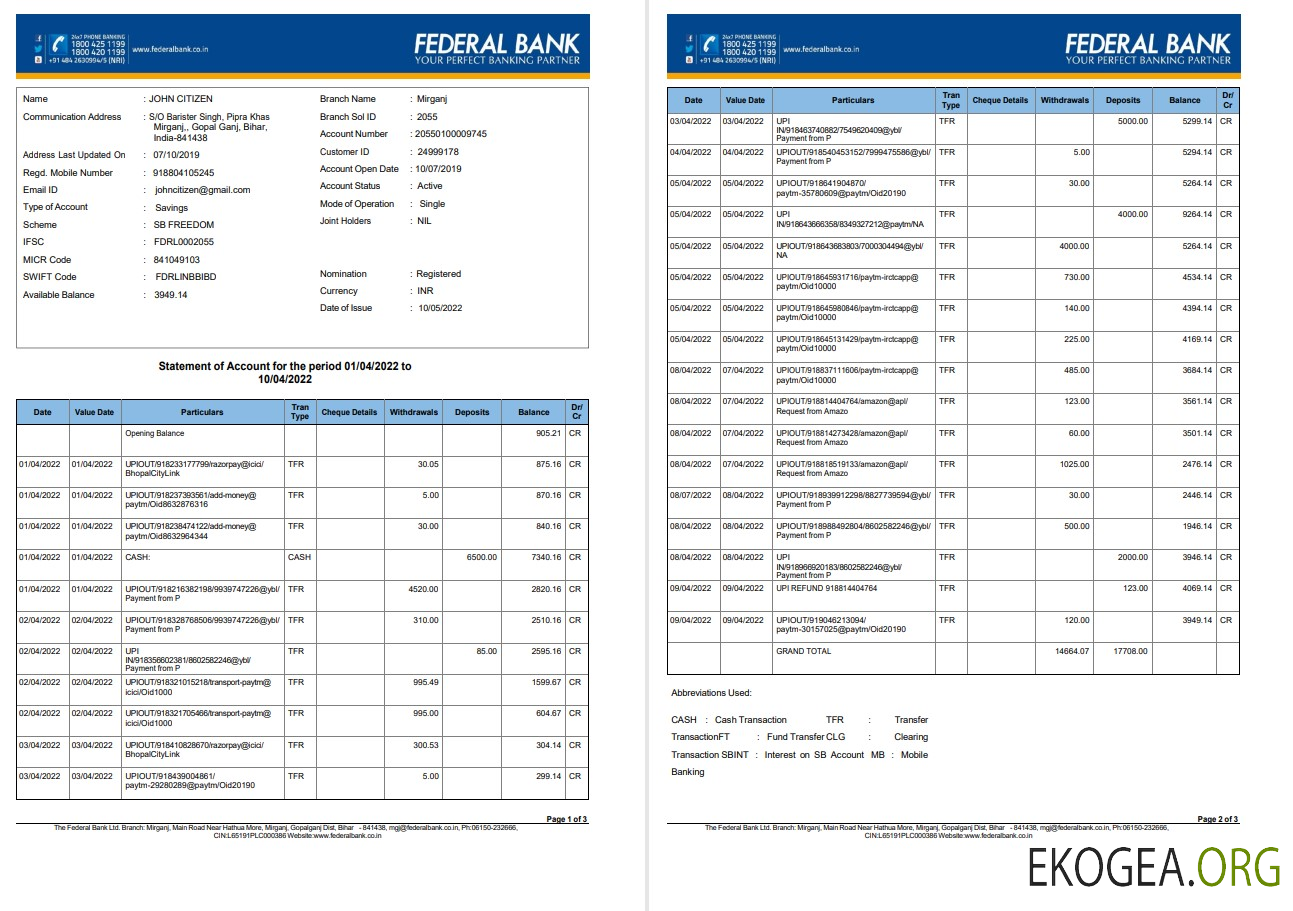 Inde Relevé de compte bancaire fédéral 3 pages